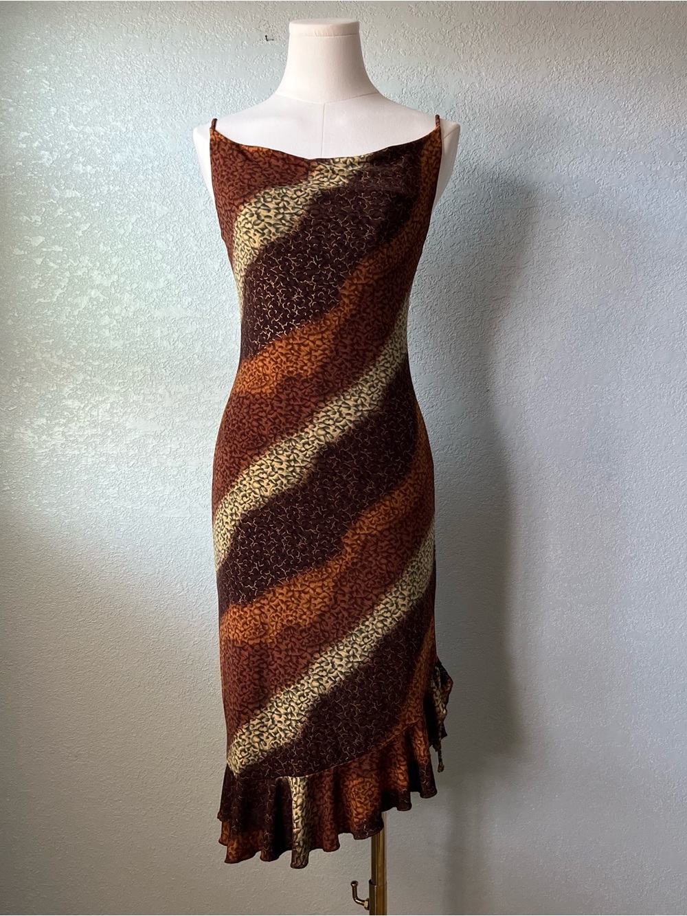 Vintage Forever Brown Abstract Slip Dress Y2K Spaghetti Strap Ruffle Hem Size 2